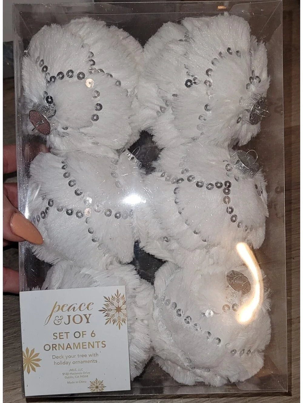 PEACE & JOY WHITE FUZZY & SILVER SEQUINS EMBELLISHED TREE ORNAMENTS SET OF 6 NIB